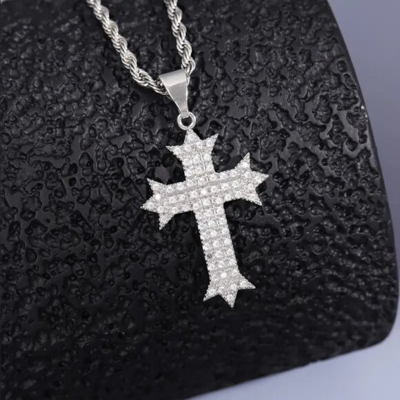 24" Mens 2ct Diamond 14K White Gold Cross Necklace Rope Chain Silver Jewelry 14 - Picture 5 of 9